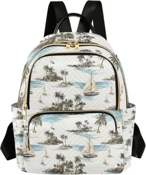 Mini Backpack Purse for Women, Palm Tree Sailboat House Pattern Travel Bag Casual Daypack Shoulder Bag