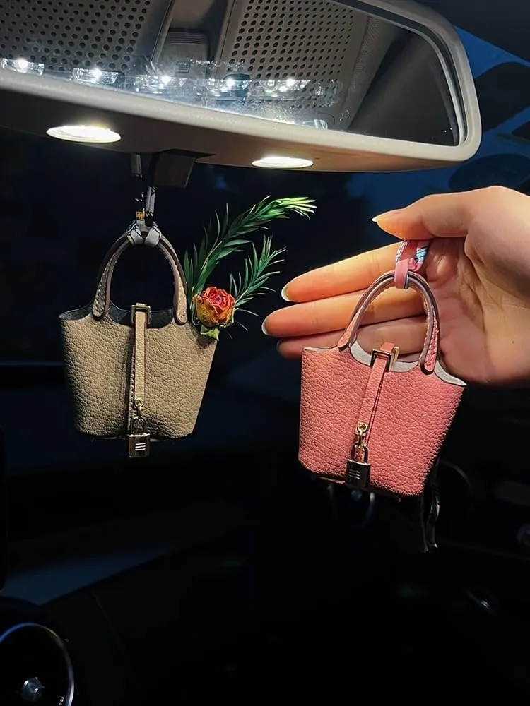 Mini Handbag Charm Car Hanging Accessory, Chic and High-end Rearview Mirror Ornament, Hanging Air car Freshener for Women (Pink Bag)