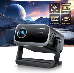 Mini Projector, Projector with WiFi and Bluetooth,PUTRIMS 1080P Support Portable Projector 145° Rotatable Electric Focus & Auto Keystone outdoor projector Compatible with HDMI/USB/Smartphone/PC/Laptop