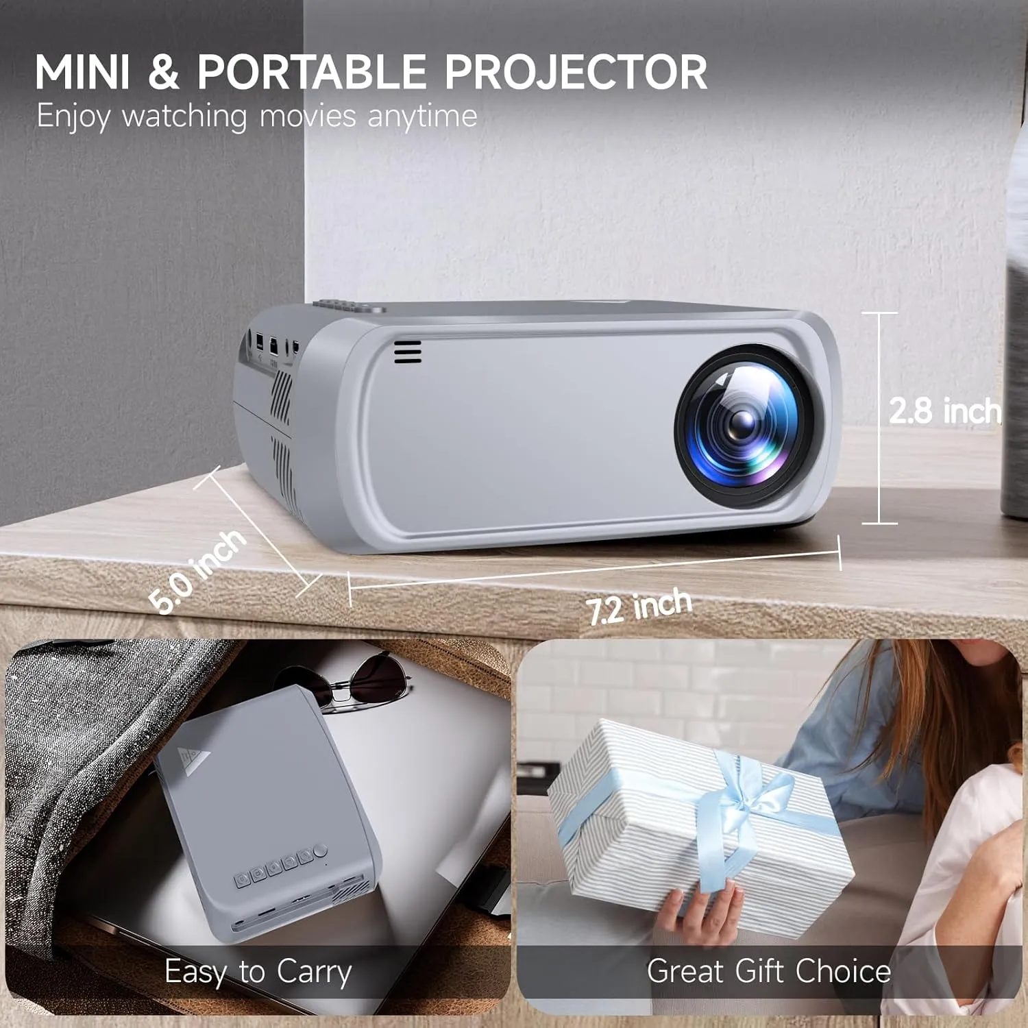 Mini Projector with Wifi Portable Projector Support 1080P 170" Mini HD Movie Projector, Outdoor Projector Compatible with Phone/ Tablet/ Laptop/ TV Stick/ PS4/ HDMI/USB - Wifi Grey