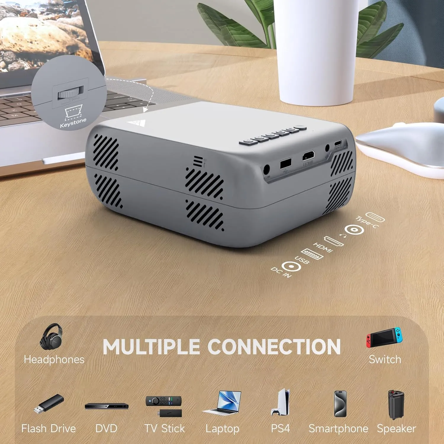 Mini Projector with Wifi Portable Projector Support 1080P 170" Mini HD Movie Projector, Outdoor Projector Compatible with Phone/ Tablet/ Laptop/ TV Stick/ PS4/ HDMI/USB - Wifi Grey
