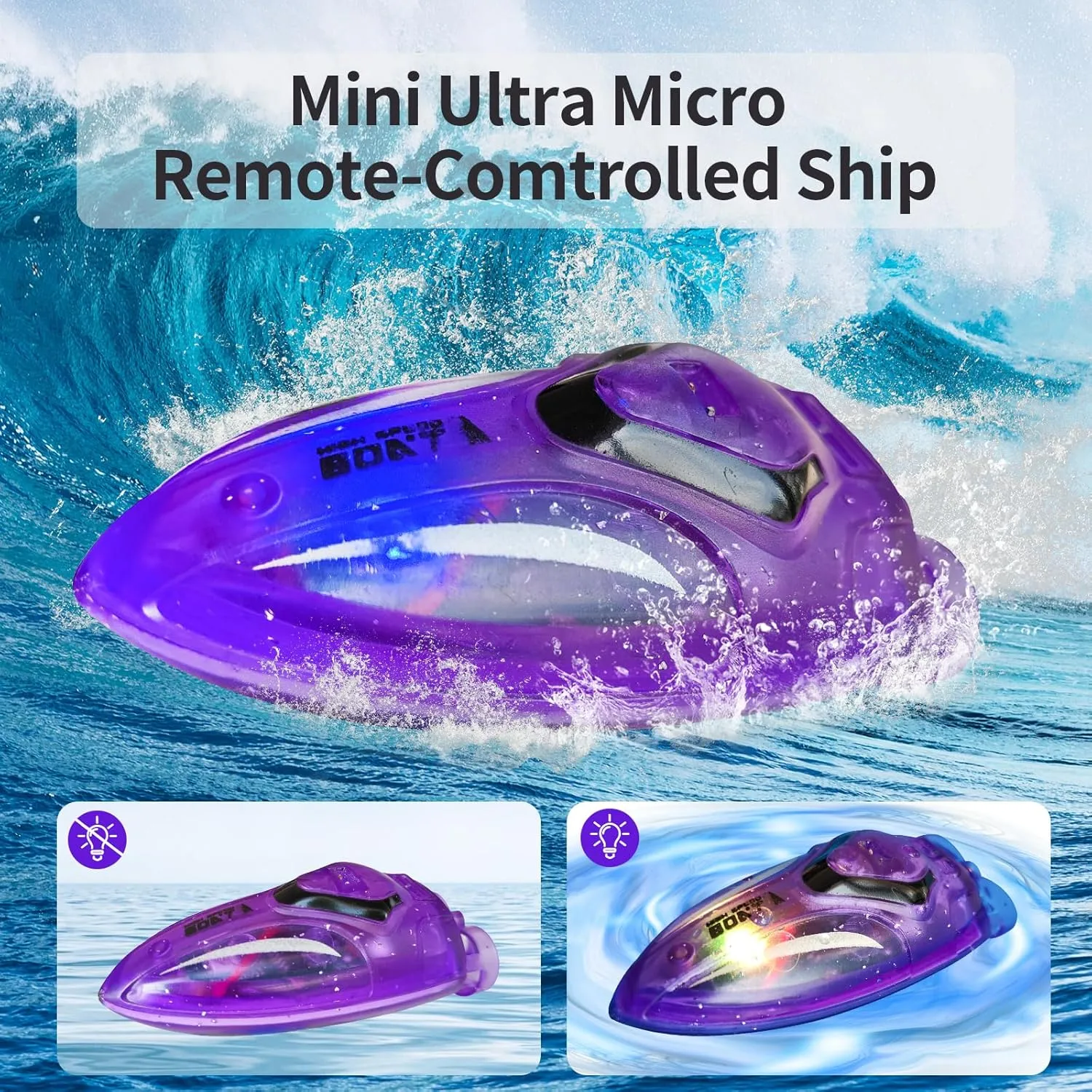 Mini RC Boat 2.4Ghz Waterproof Rechargeable Batteryremote Remote Control Boat for Kids 8-12, 360 Degree Rotation Colorful Lighting Toys Remote Control Boats for Swimming Pool & Lakes (Black