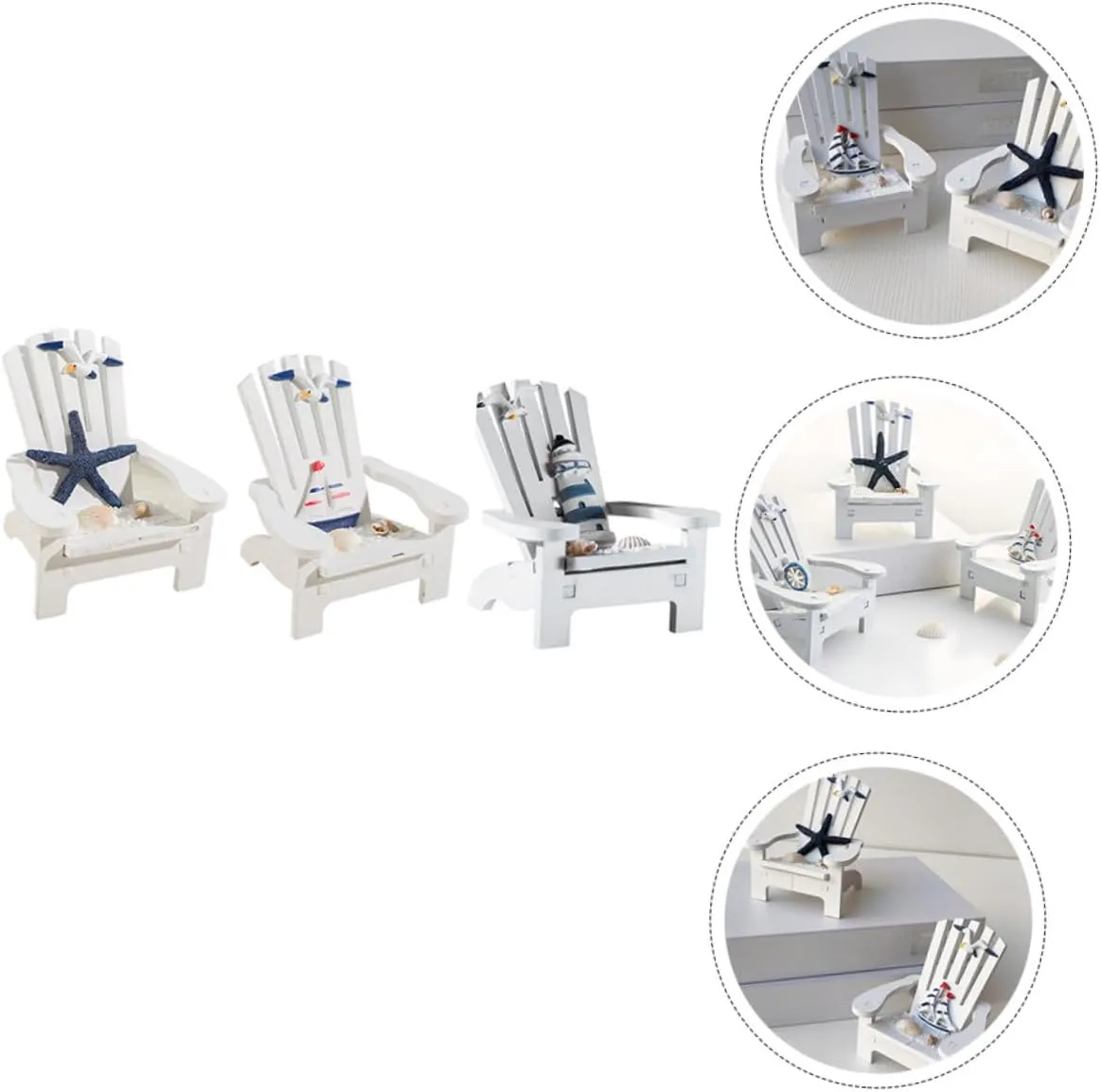 Miniature Beach Chair Decor, 4pcs Wood Dollhouse Chair Mini Nautical Table Ornament Dollhouse Coastal Sea Accessories for Cake Topper Wedding Party, 3.4X 3.6X 3.6