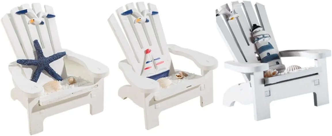 Miniature Beach Chair Decor, 4pcs Wood Dollhouse Chair Mini Nautical Table Ornament Dollhouse Coastal Sea Accessories for Cake Topper Wedding Party, 3.4X 3.6X 3.6
