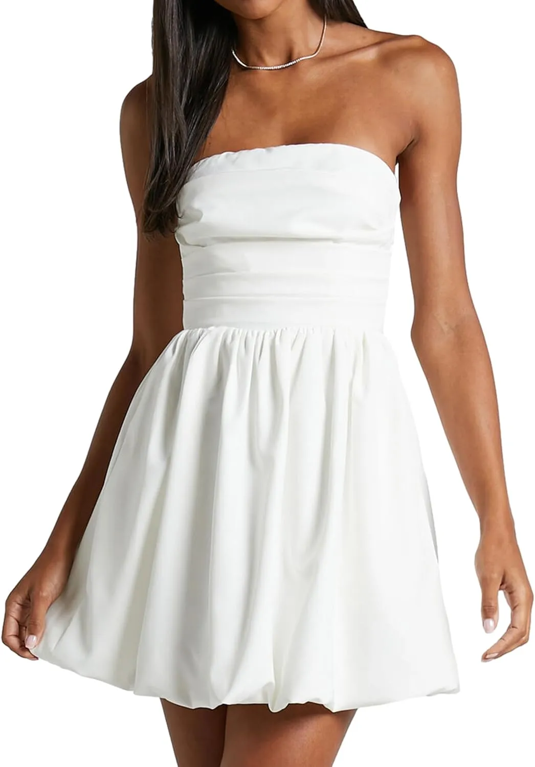 MISSACTIVER Women's Strapless Tube Top Mini Dress Ruched Sleeveless Off Shoulder Flared Short Dress Summer Party Club Dresses