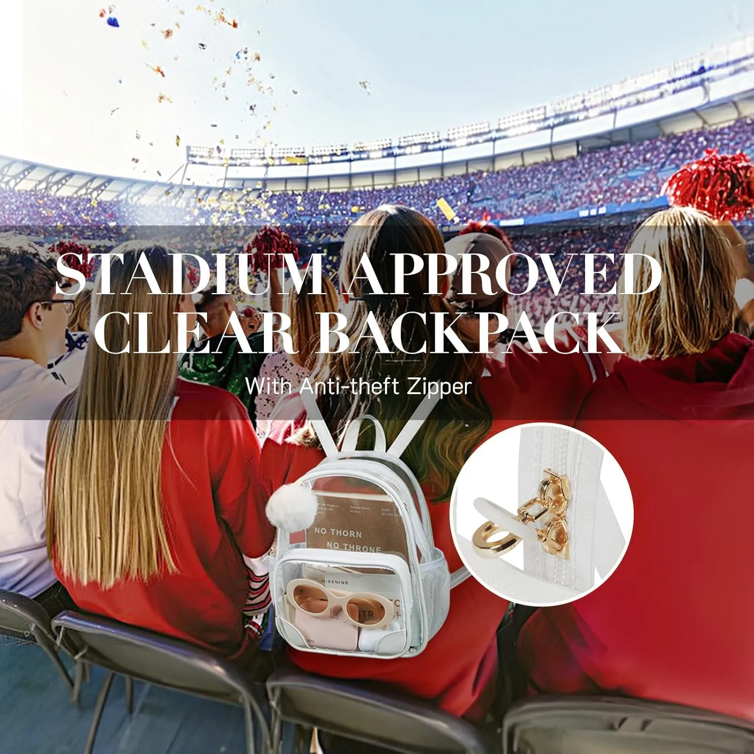 Missnine Anti-theft Clear Backpack, Small Mini Clear Bag for Sport Event Concert with Cute Fur Ball