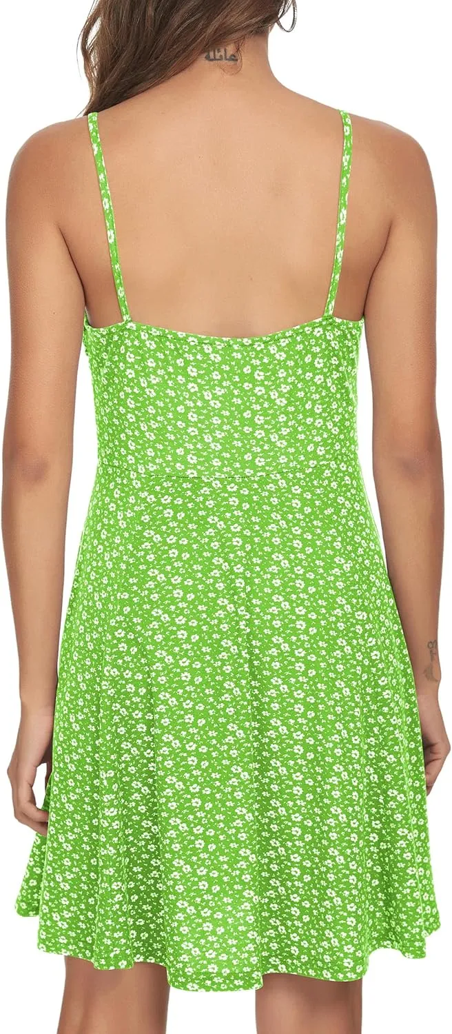 Missufe Spaghetti Strap Floral Mini Dress Women's Casual Ruched Front Drawstring Swing Sundress