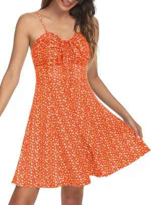 Missufe Spaghetti Strap Floral Mini Dress Women's Casual Ruched Front Drawstring Swing Sundress