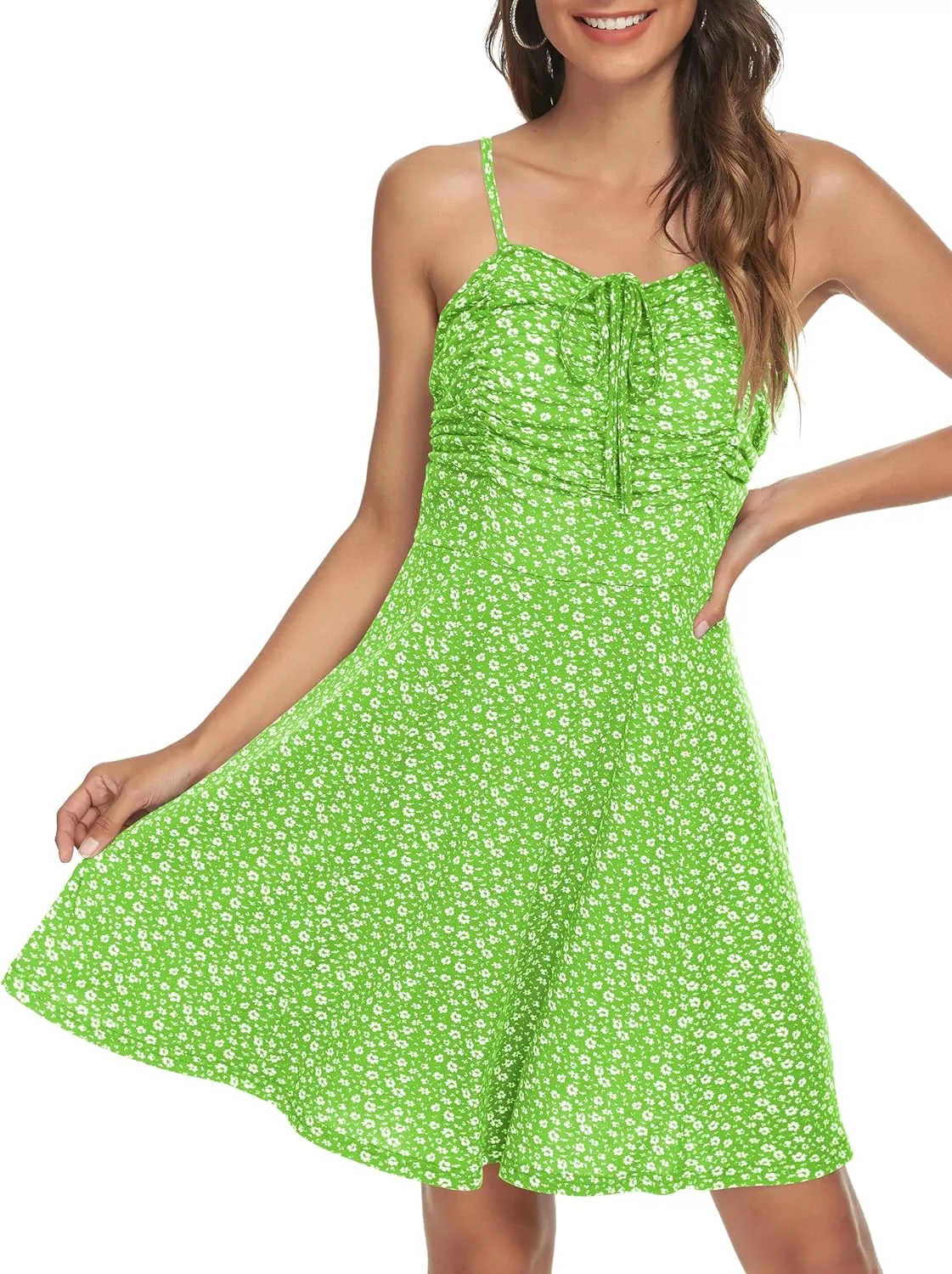 Missufe Spaghetti Strap Floral Mini Dress Women's Casual Ruched Front Drawstring Swing Sundress