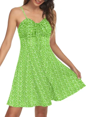 Missufe Spaghetti Strap Floral Mini Dress Women's Casual Ruched Front Drawstring Swing Sundress