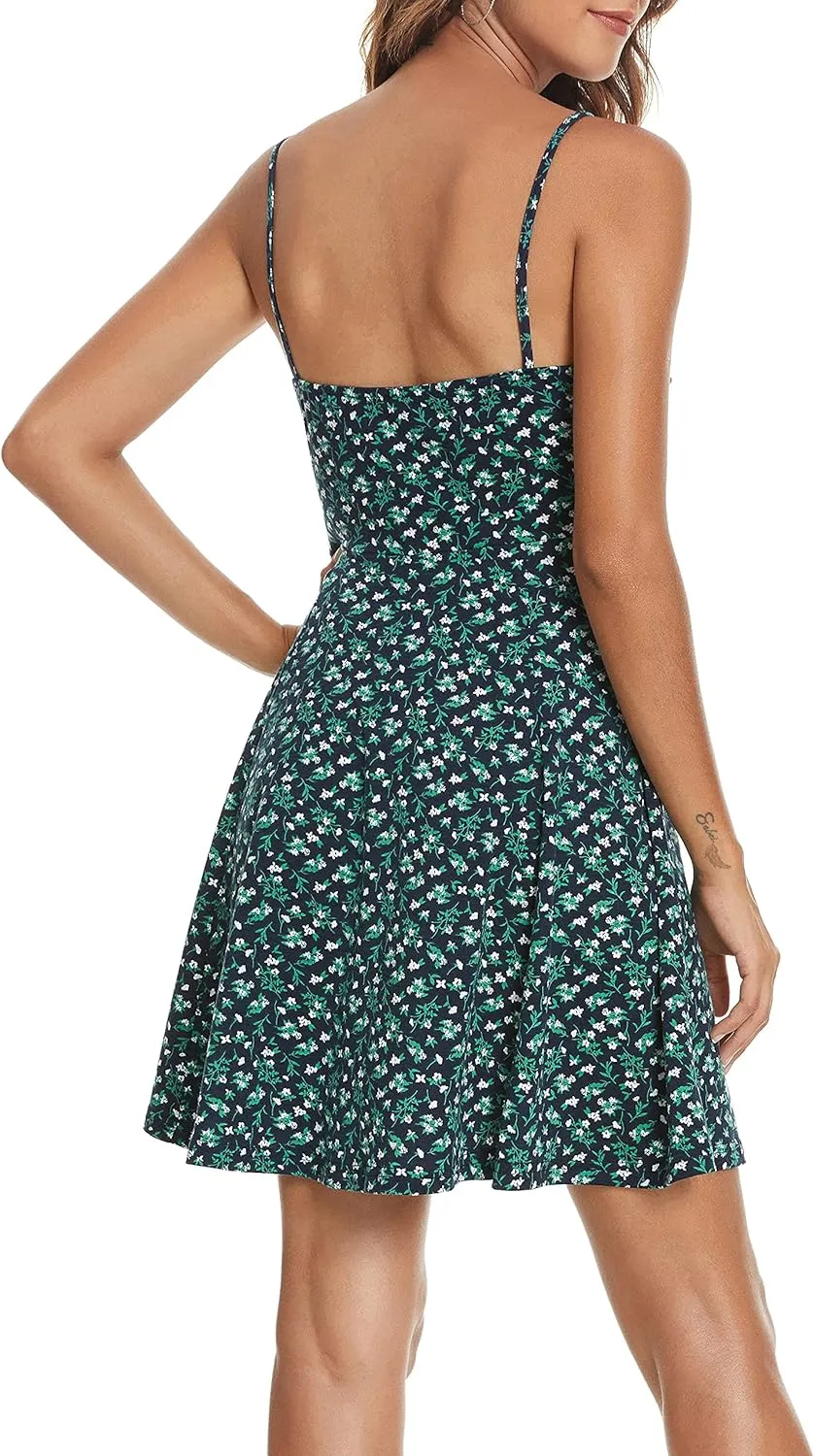Missufe Spaghetti Strap Floral Mini Dress Women's Casual Ruched Front Drawstring Swing Sundress