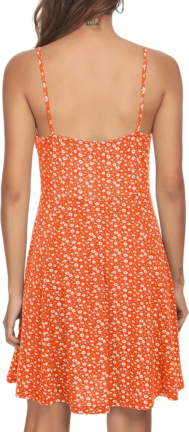 Missufe Spaghetti Strap Floral Mini Dress Women's Casual Ruched Front Drawstring Swing Sundress