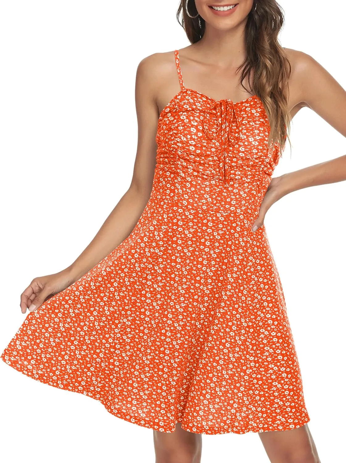 Missufe Spaghetti Strap Floral Mini Dress Women's Casual Ruched Front Drawstring Swing Sundress