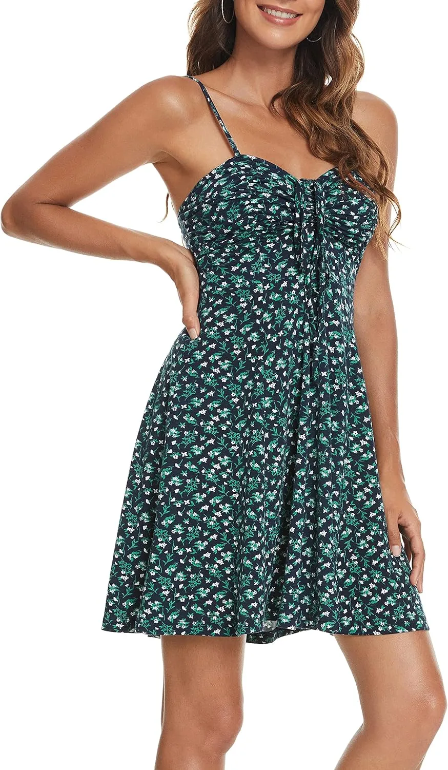 Missufe Spaghetti Strap Floral Mini Dress Women's Casual Ruched Front Drawstring Swing Sundress