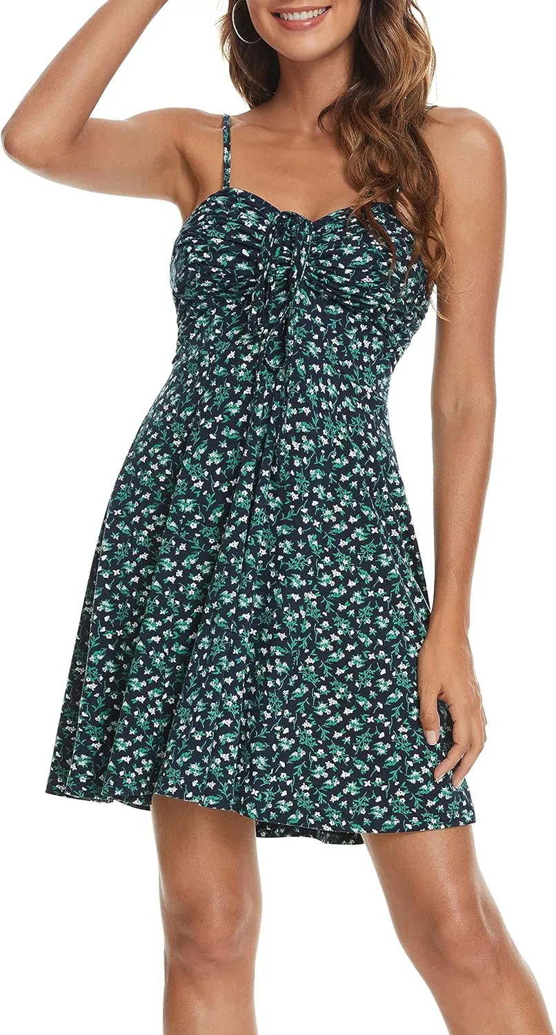 Missufe Spaghetti Strap Floral Mini Dress Women's Casual Ruched Front Drawstring Swing Sundress