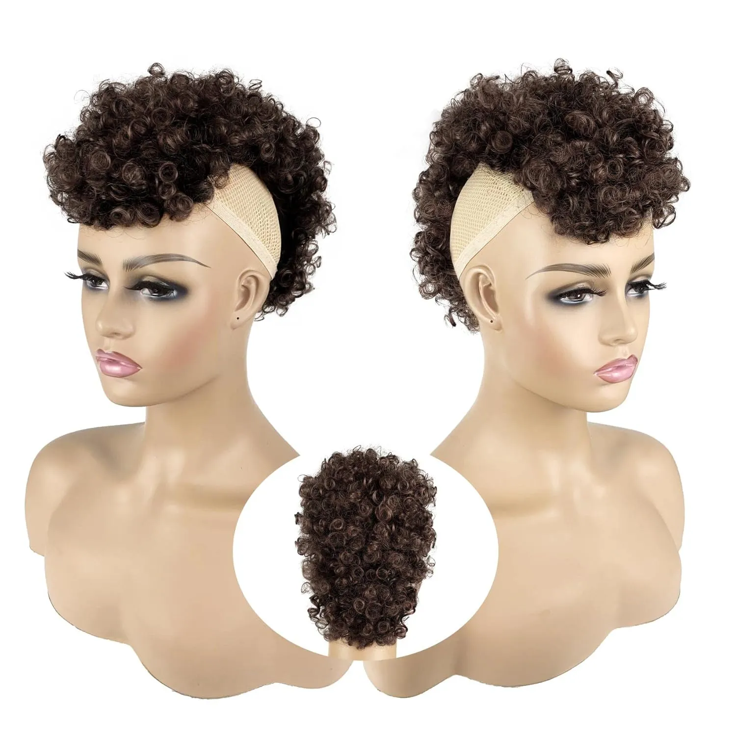 Mohawk Ponytail Afro Puff Jerry Curls Afro Puff Non Drawstring Ponytail with bangs Synthetic Fauxhawks Short Afro Puff Kinky Curly Hairpieces 6 BB Clips in (4#, Dark Brown)