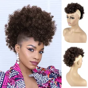 Mohawk Ponytail Afro Puff Jerry Curls Afro Puff Non Drawstring Ponytail with bangs Synthetic Fauxhawks Short Afro Puff Kinky Curly Hairpieces 6 BB Clips in (4#, Dark Brown)