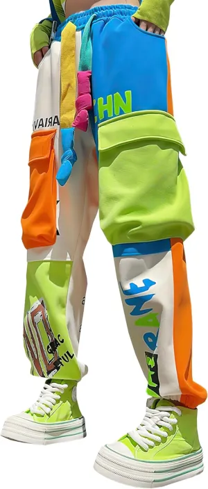 MOKEWEN Men's Cargo Patchwork Tone Color Block Jogger Pants 28-33 One Size