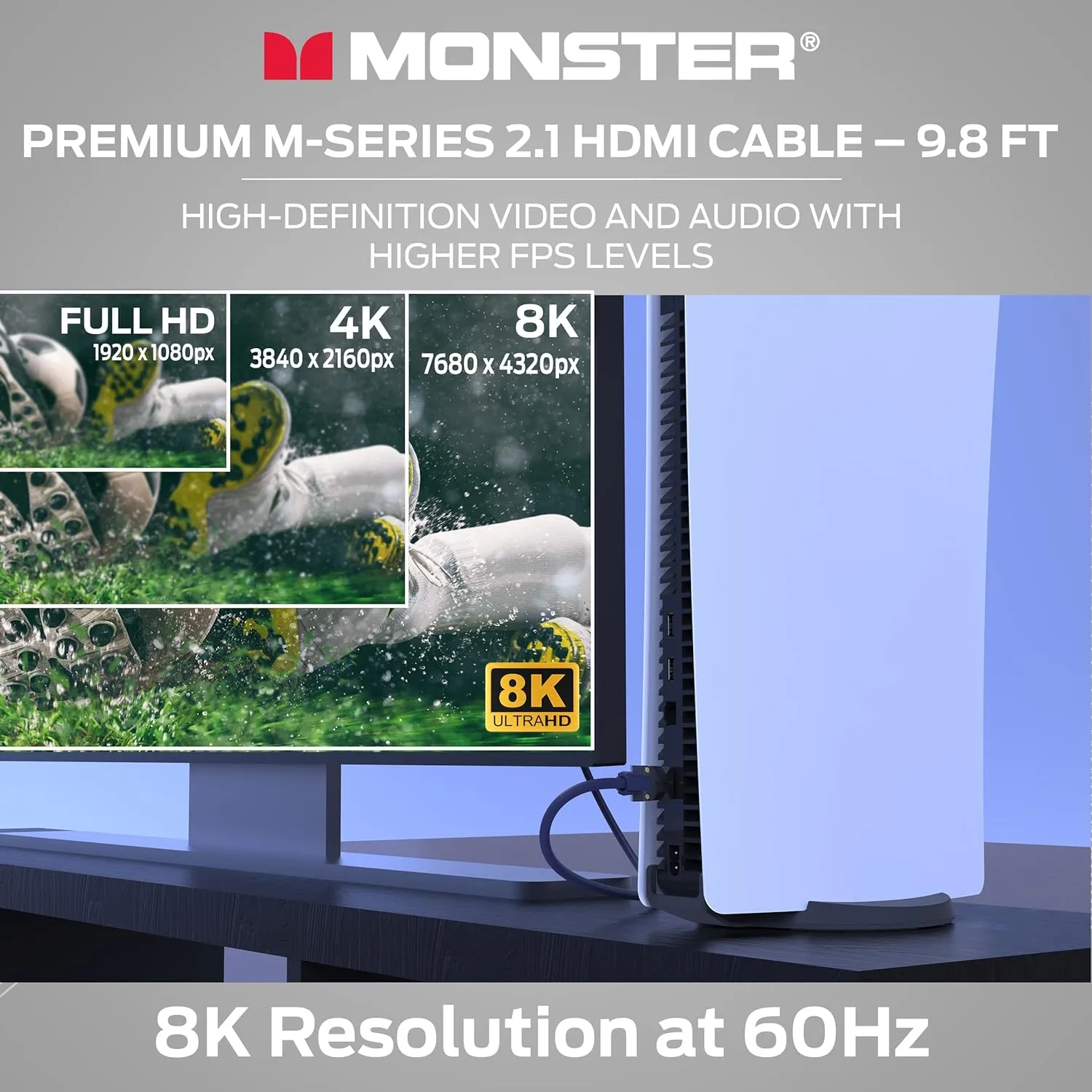 Monster M-Series 3000 Certified Premium 8K High Speed HDMI Cable - 2.1, 4K 120Hz HDMI Cable, 48 Gbps - HDMI Cables for Apple TV, Roku, Smart TV, Laptop, Montior - 9.8 ft