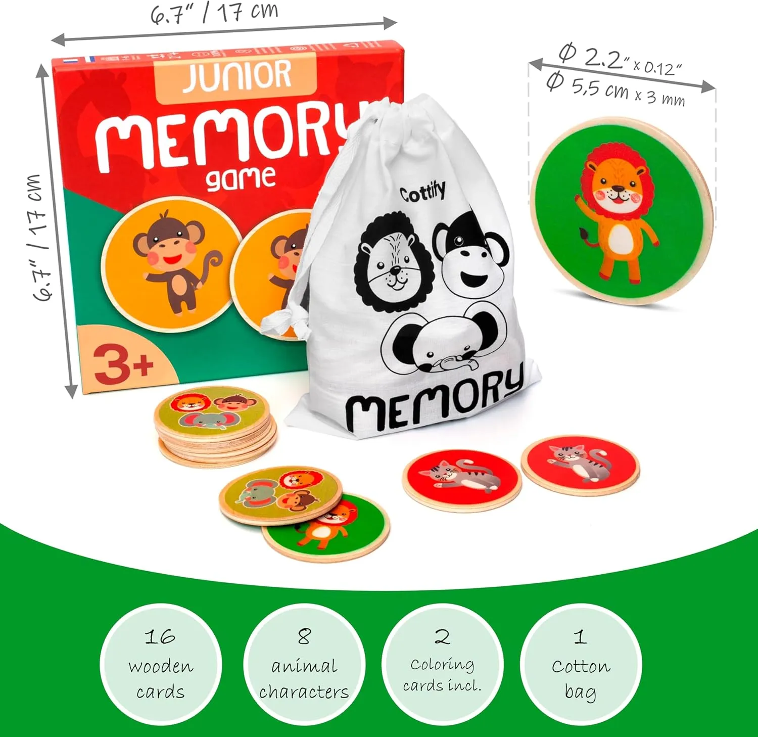 Montessori-Inspired Wooden Matching Game for Toddlers 2-4 Years - Durable, Scratch-Resistant 16 Card Set, Includes Carry Bag - Memory Game for Toddlers 2-4 Years - Cognitive Verbal Skills Development