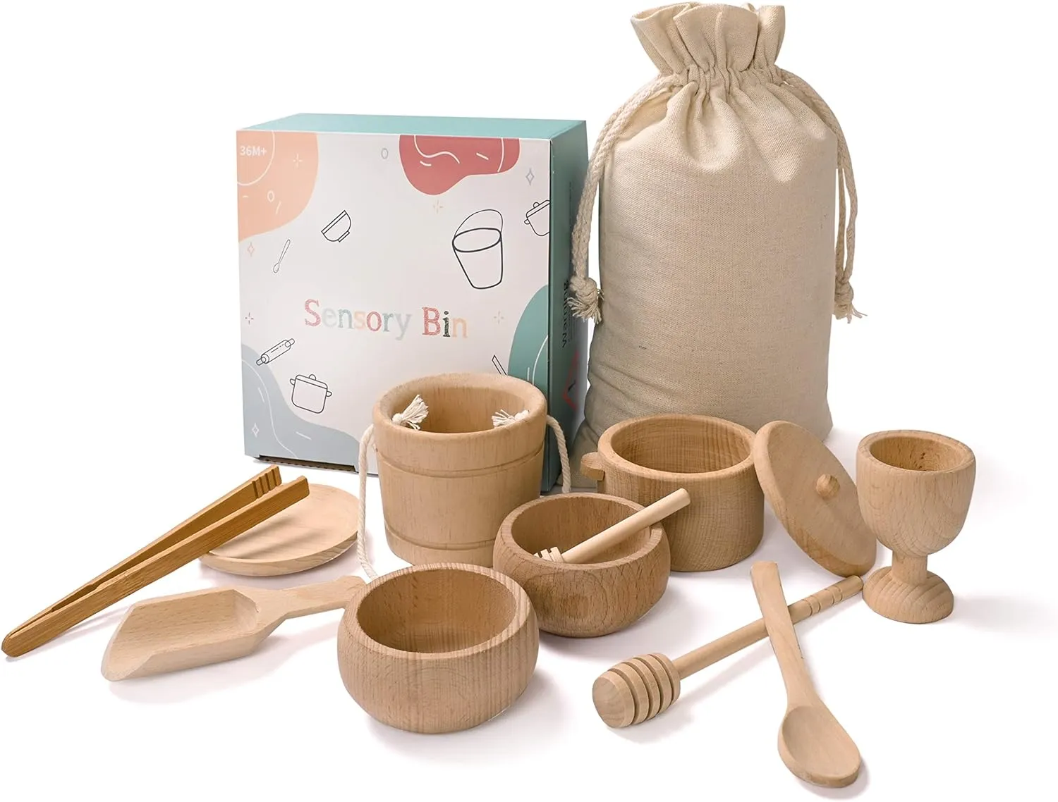 Montessori Sensory Bin Toys for 1 Year Old Toddlers, 11pcs Wooden Waldorf Toys - Wooden Scoops and Tongs for Transfer Work and Fine Motor Skills Development