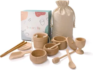 Montessori Sensory Bin Toys for 1 Year Old Toddlers, 11pcs Wooden Waldorf Toys - Wooden Scoops and Tongs for Transfer Work and Fine Motor Skills Development
