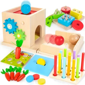 Montessori Toys for 1  Year Old, 8-in-1 Wooden Play Kit Includes Object Permanent Box, Learning Activity Cube, Sorting & Stacking Toy, Carrot Harvest Game, Gift for Boys Girls Age 12  Months