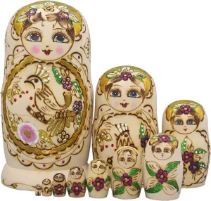 Moonmo 10pcs Golden Flower Fairy with Bird Handmade Wooden Russian Nesting Dolls Matryoshka Wooden Toys