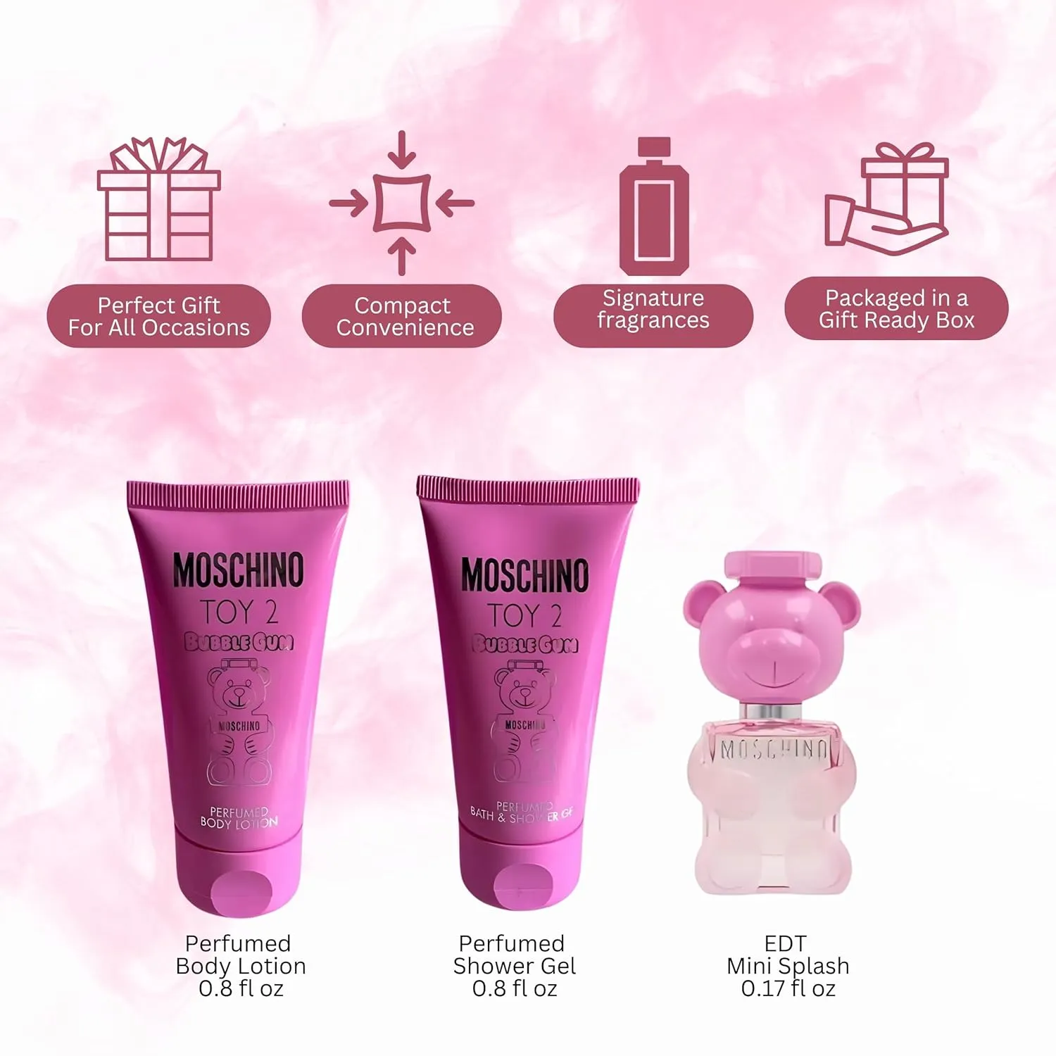 MOSCHINO Toy 2 Bubble Gum 3-Piece Set for Women, (0.17 Oz Eau De Toilette Splash   0.8 Oz Bath Shower Gel   0.8 Oz Body Lotion)
