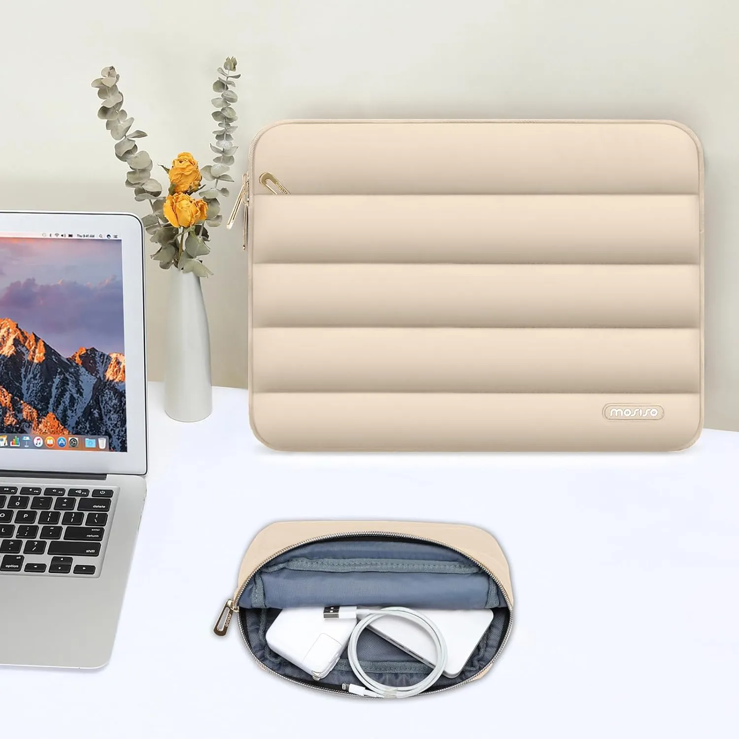 MOSISO 13-14 inch Laptop Case, 13.3 inch Puffy Laptop Sleeve Compatible with MacBook Air 13 13.6 M3 M2 M1/Pro 13/Pro 14, HP, Dell, ASUS, Lenovo, Polyester Horizontal Bag with Small Case, Apricot