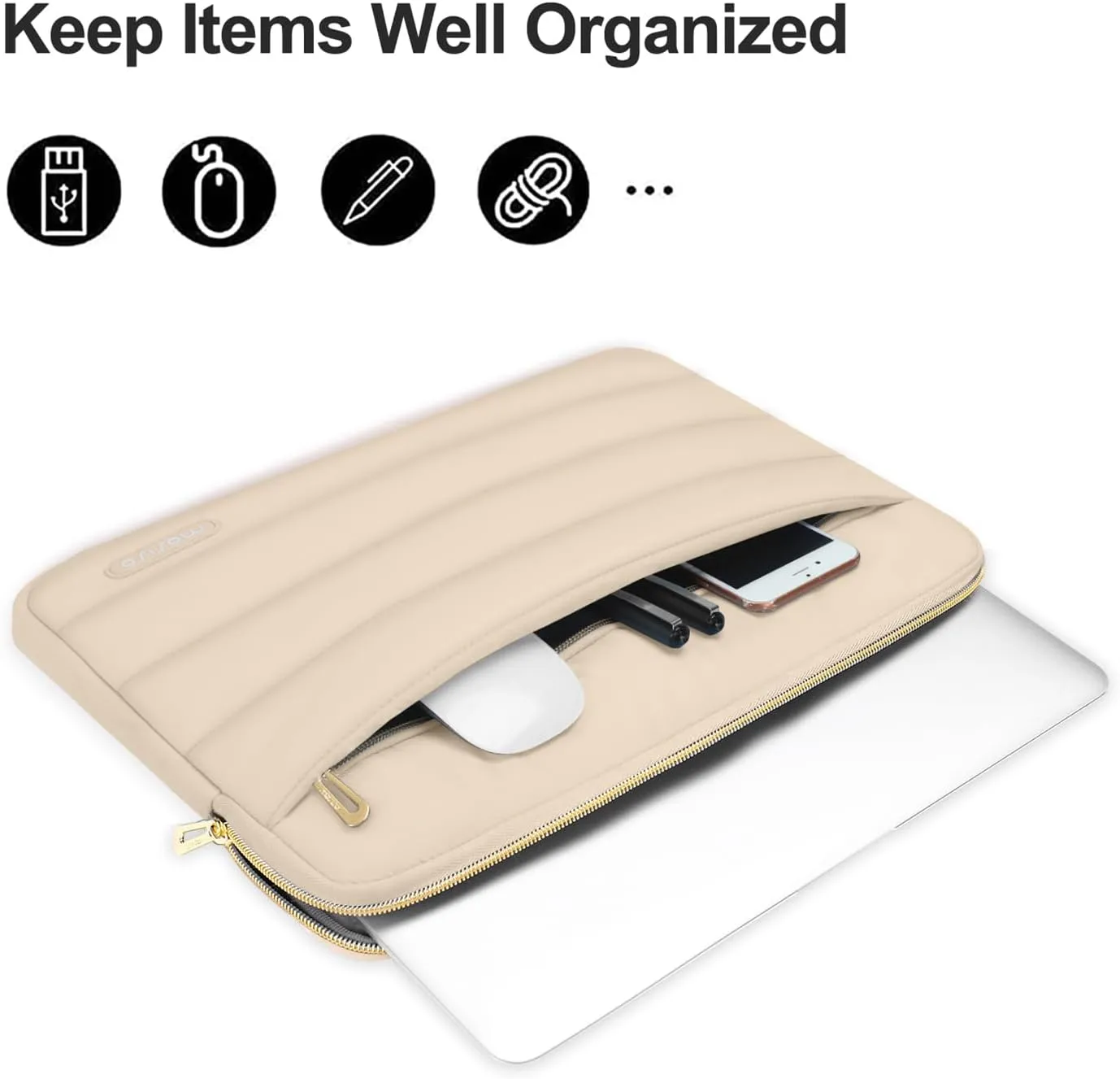 MOSISO 13-14 inch Laptop Case, 13.3 inch Puffy Laptop Sleeve Compatible with MacBook Air 13 13.6 M3 M2 M1/Pro 13/Pro 14, HP, Dell, ASUS, Lenovo, Polyester Horizontal Bag with Small Case, Apricot