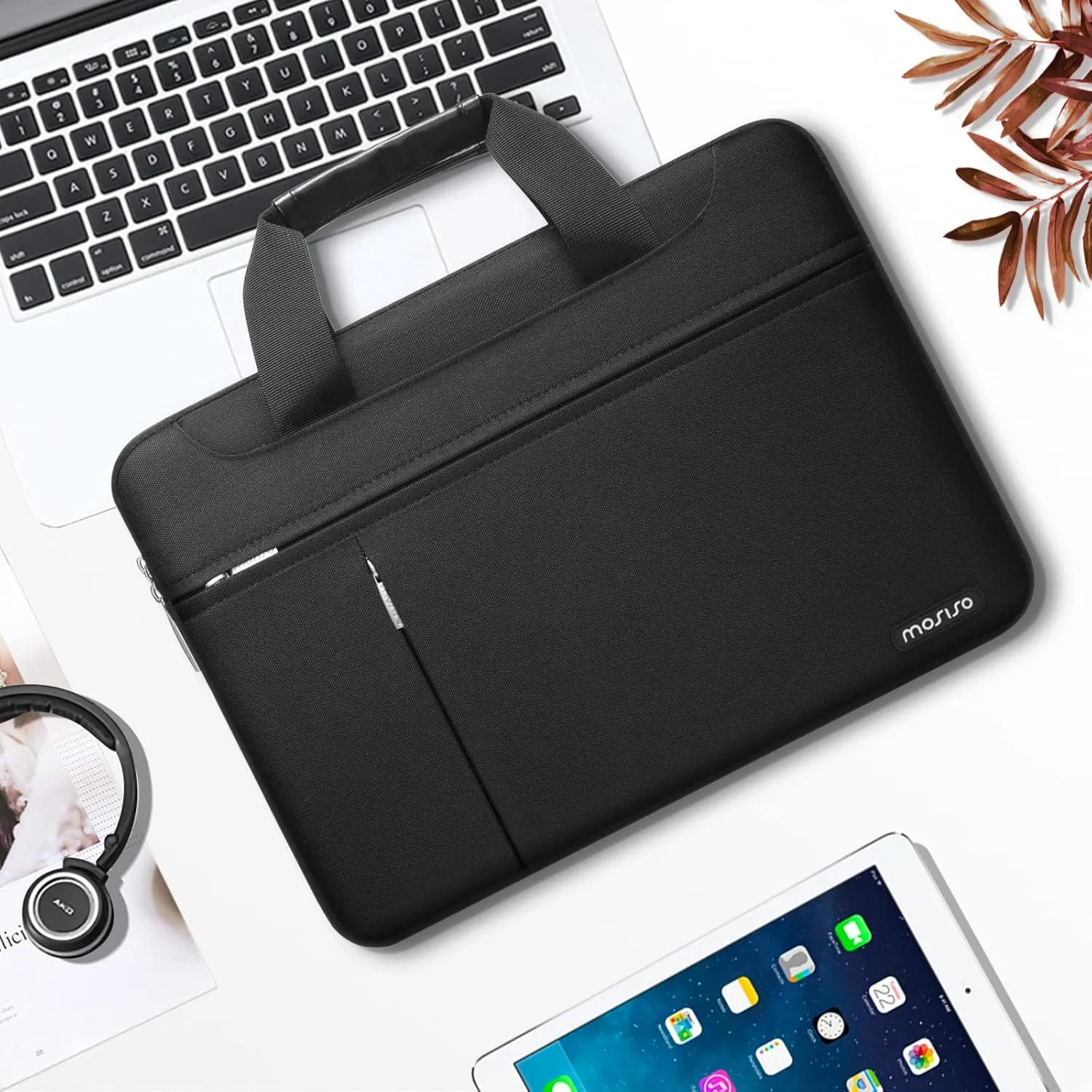 MOSISO 360 Protective Laptop Shoulder Bag Compatible with MacBook Air 15 inch M2 A2941 2023/Pro 16 2023-2019,15-15.6 inch Notebook with Front Horizontal&Vertical Pockets&Fix Handle&Belt, Black