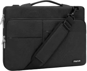 MOSISO 360 Protective Laptop Shoulder Bag Compatible with MacBook Air 15 M2 A2941 2023/Pro 16 A2780 A2485 A2141, 15-15.6 inch Notebook with Belt & 1 Raised and 2 Horizontal Parallel Pockets, Black