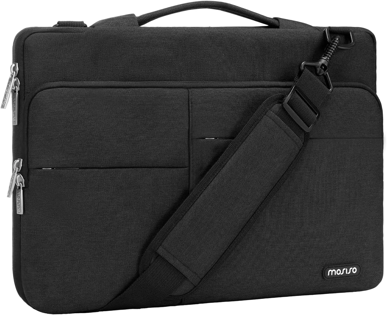 MOSISO 360 Protective Laptop Shoulder Bag Compatible with MacBook Air 15 M2 A2941 2023/Pro 16 A2780 A2485 A2141, 15-15.6 inch Notebook with Belt & 1 Raised and 2 Horizontal Parallel Pockets, Black