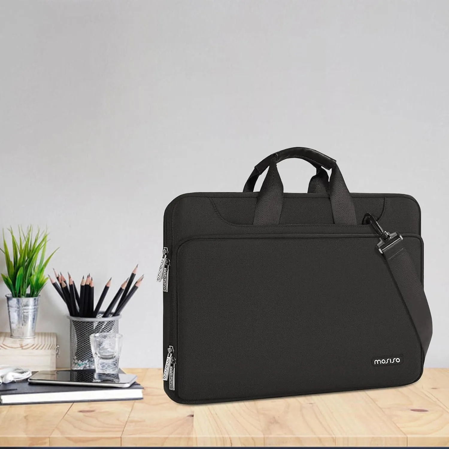 MOSISO 360 Protective Laptop Shoulder Bag Compatible with MacBook Air 15 M4 A3241 M3 A3114 M2 A2941/Pro 16 inch M4 M3 M2 M1, 15-15.6 inch Notebook,Matching Color Sleeve with Belt, Black