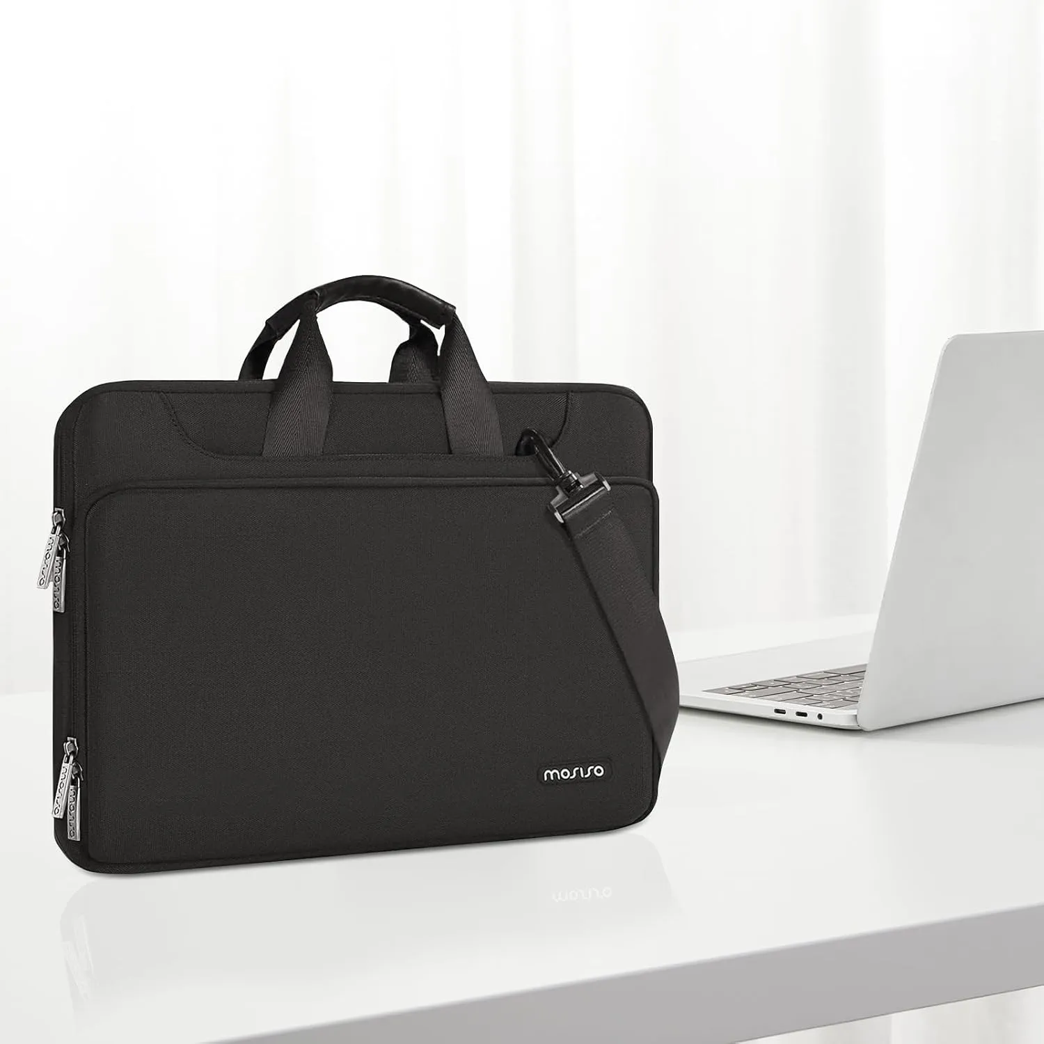 MOSISO 360 Protective Laptop Shoulder Bag Compatible with MacBook Air 15 M4 A3241 M3 A3114 M2 A2941/Pro 16 inch M4 M3 M2 M1, 15-15.6 inch Notebook,Matching Color Sleeve with Belt, Black