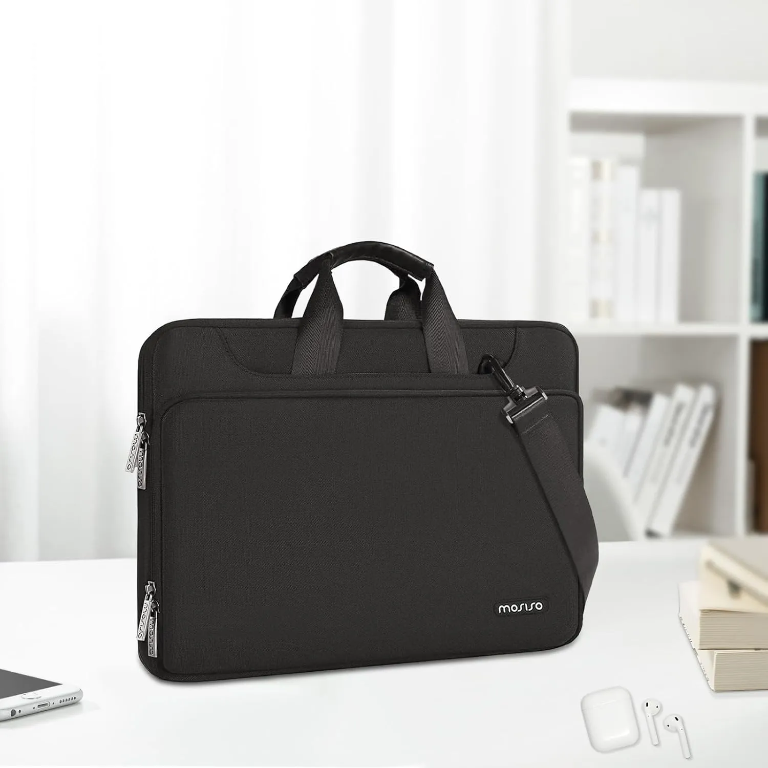 MOSISO 360 Protective Laptop Shoulder Bag Compatible with MacBook Air 15 M4 A3241 M3 A3114 M2 A2941/Pro 16 inch M4 M3 M2 M1, 15-15.6 inch Notebook,Matching Color Sleeve with Belt, Black