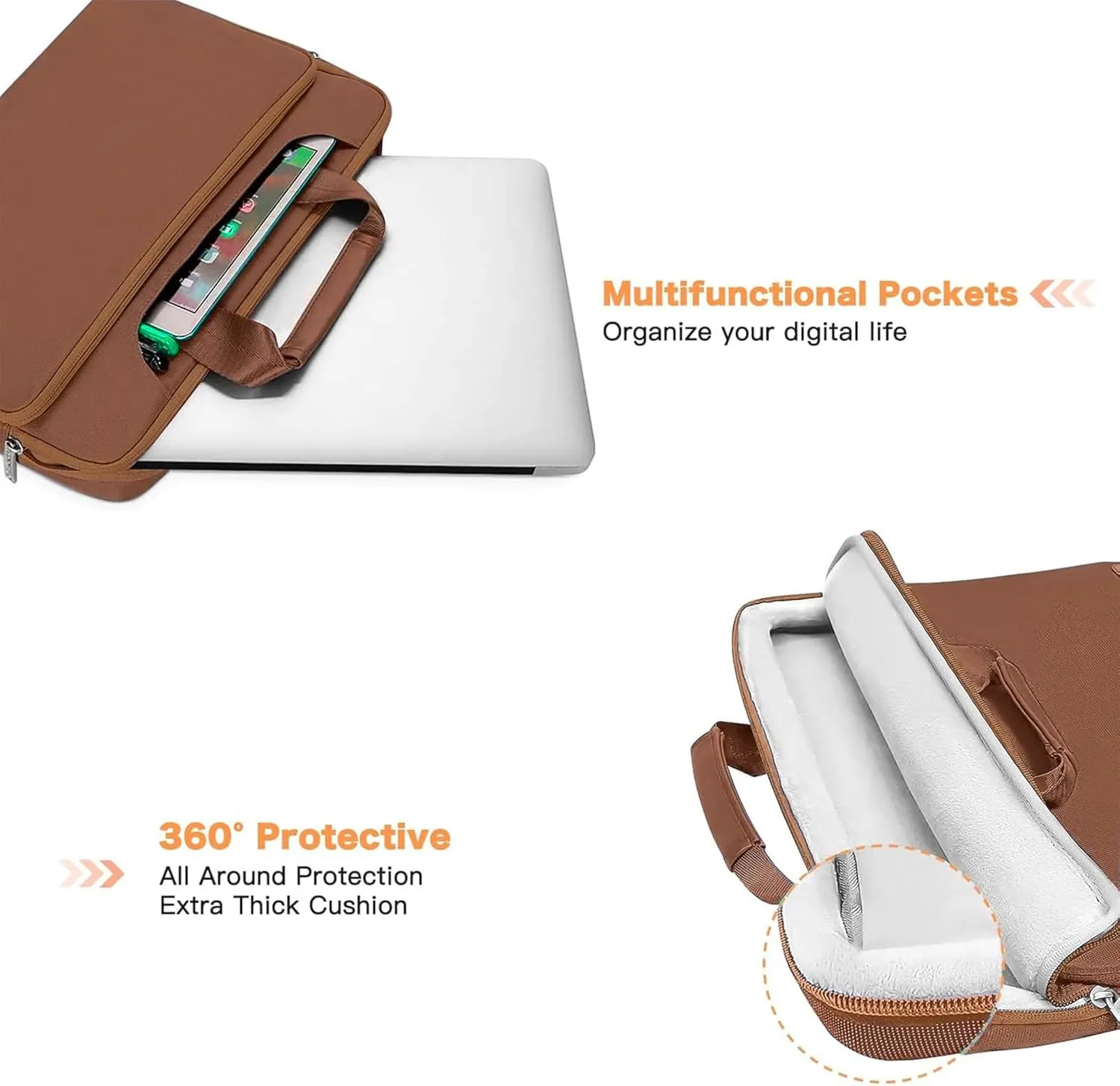 MOSISO 360 Protective Laptop Shoulder Bag Compatible with MacBook Air 15 M4 A3241 M3 A3114 M2 A2941/Pro 16 inch M4 M3 M2 M1, 15-15.6 inch Notebook,Matching Color Sleeve with Belt, Caramel Brown