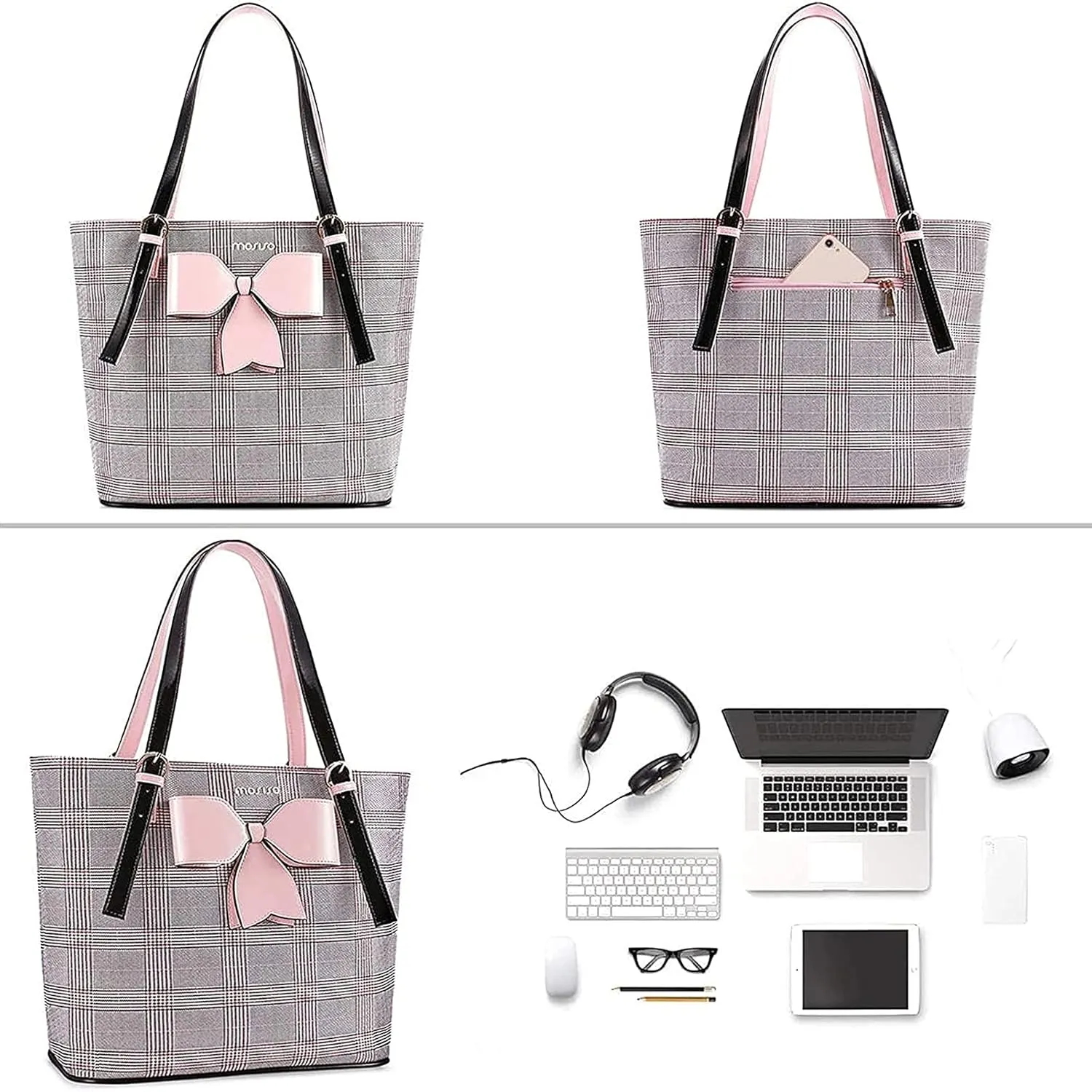 MOSISO Laptop Bag for Women Compatible with MacBook, 17-17.3 inch Notebook and Chromebook, PU Leather Large Capacity Travel Briefcase with Bowknot Grid MO-GID001GYPK