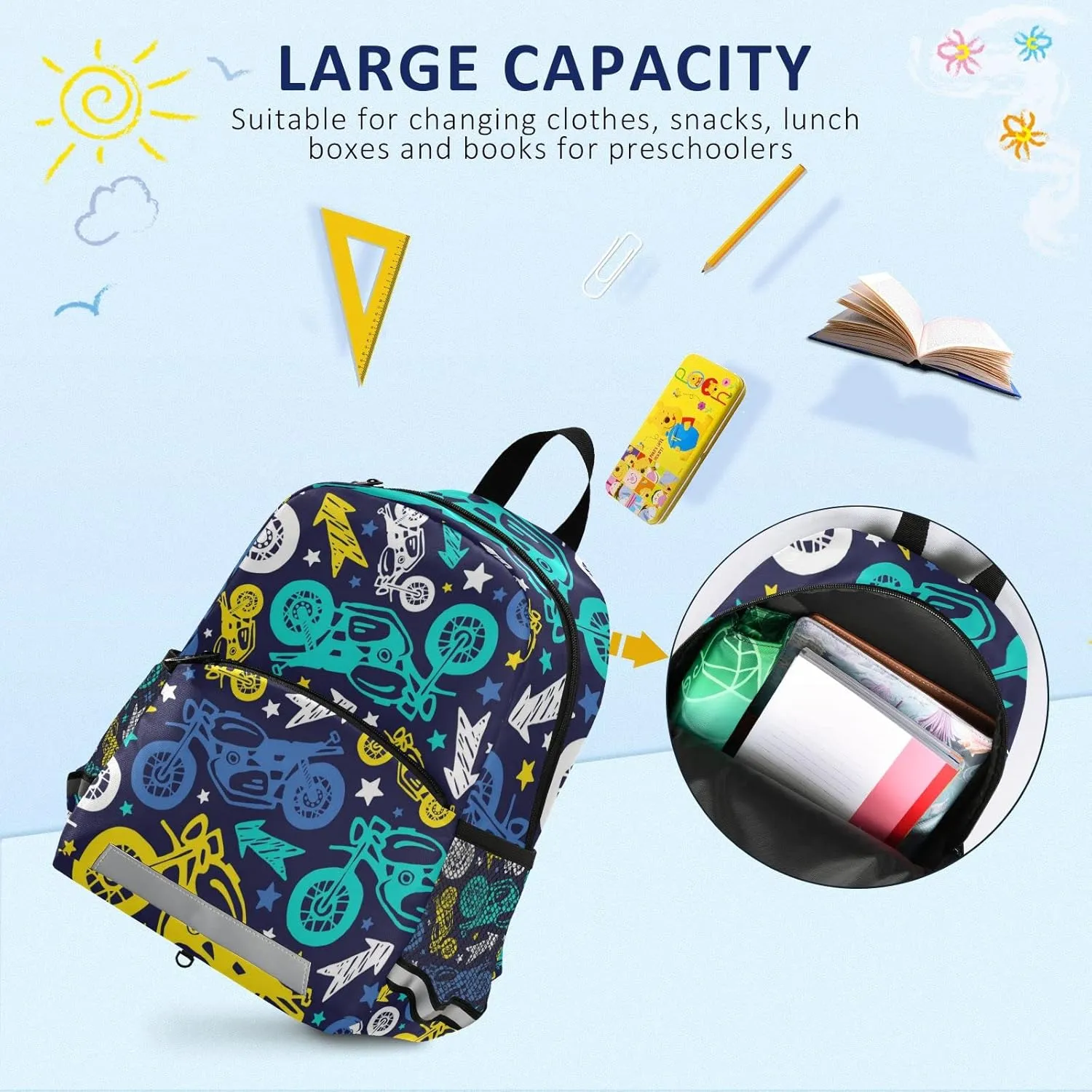 Motorcycles Colorful Kids Backpack for Boys Girls, Kindergarten Elementary Backpack with Chest Strap, Preschool Toddler Bookbag with Reflective Stripes