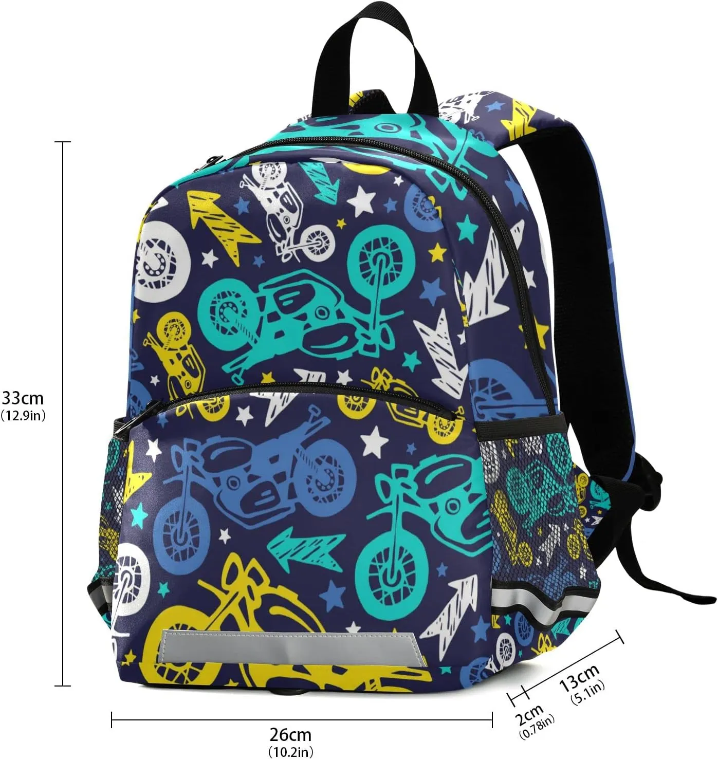 Motorcycles Colorful Kids Backpack for Boys Girls, Kindergarten Elementary Backpack with Chest Strap, Preschool Toddler Bookbag with Reflective Stripes