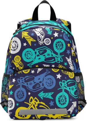 Motorcycles Colorful Kids Backpack for Boys Girls, Kindergarten Elementary Backpack with Chest Strap, Preschool Toddler Bookbag with Reflective Stripes