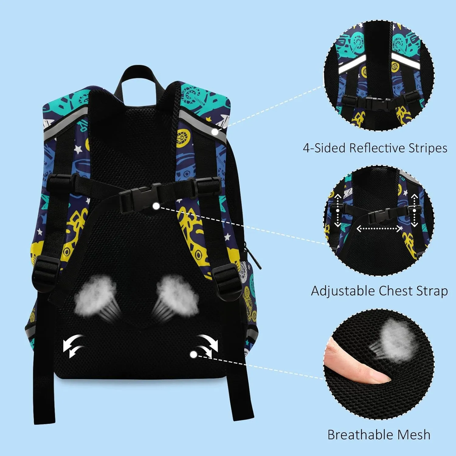 Motorcycles Colorful Kids Backpack for Boys Girls, Kindergarten Elementary Backpack with Chest Strap, Preschool Toddler Bookbag with Reflective Stripes