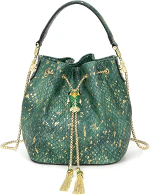 myfriday Leather Crossbody Bucket Bag for Women Luxury Drawstring Bag Evening Shoulder Bag with Datchable Chain Strap