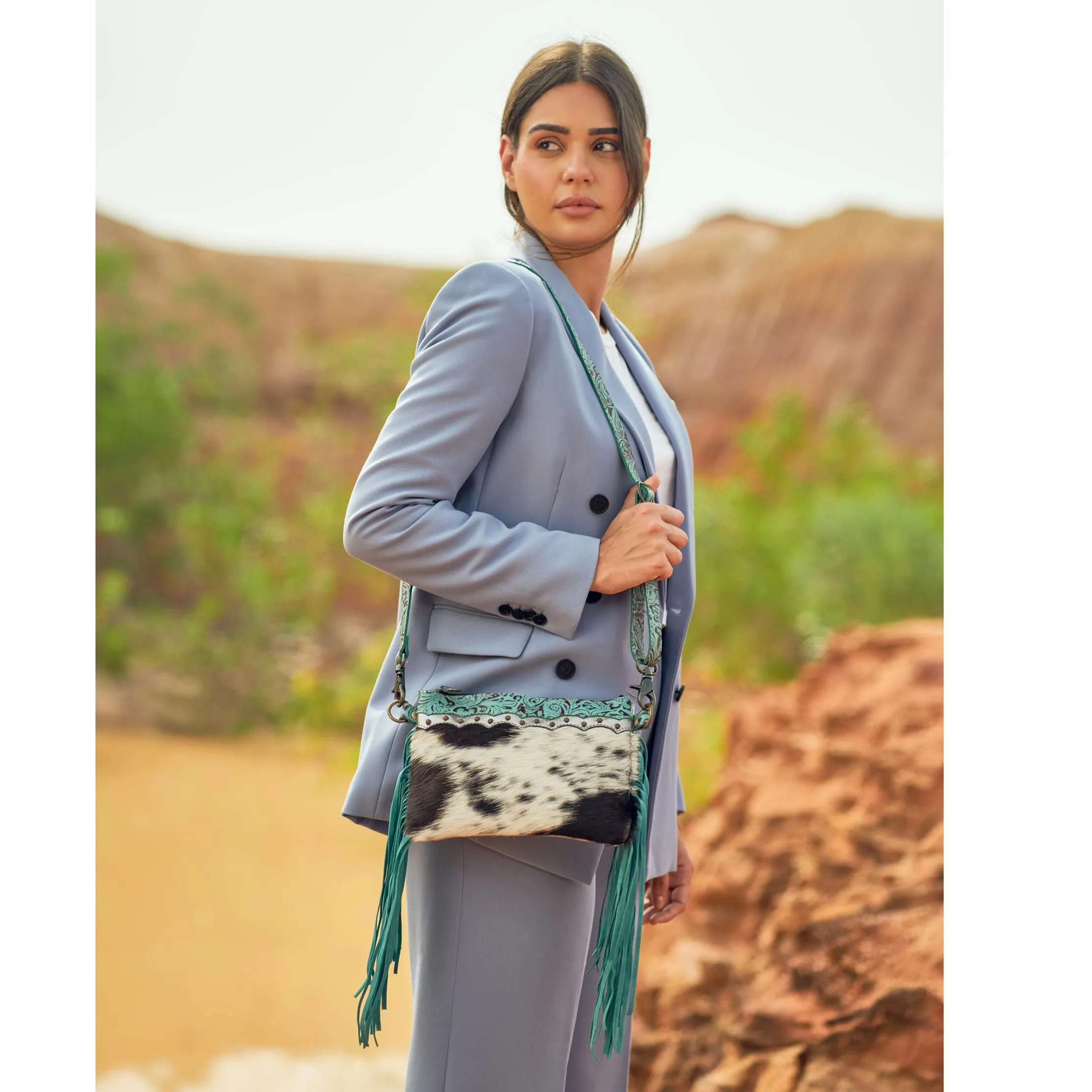 Myra Leather Fringe Crossbody-Azure