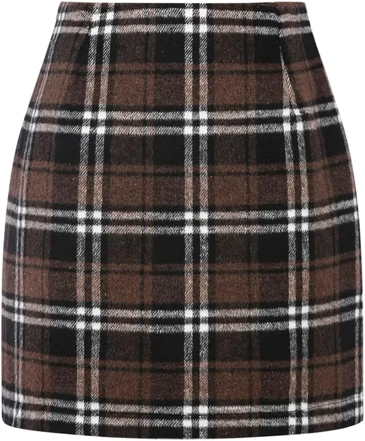 Mywinway Plaid Mini Skirt for Women Fall Winter High Waist A Line Bodycon Pencil Fall Skirts