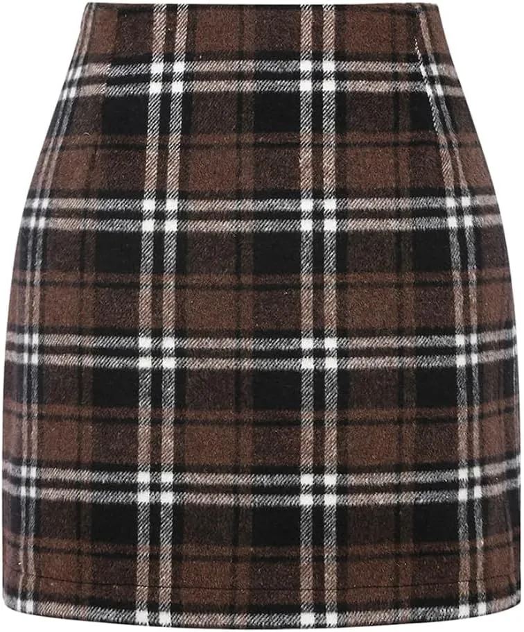 Mywinway Plaid Mini Skirt for Women Fall Winter High Waist A Line Bodycon Pencil Fall Skirts