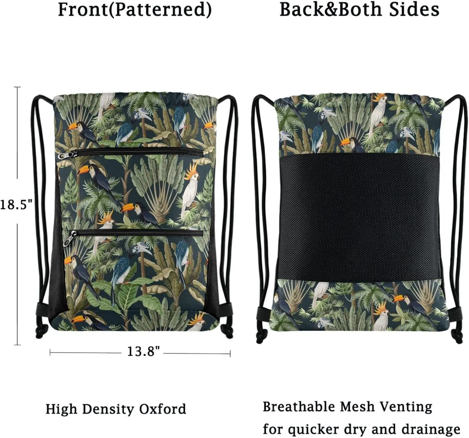 Nannle Large Drawstring Sackpack, Exotic Forest Trees Parrots Birds Sport String Bag with Pockets for Travel Gym Swimming Beach