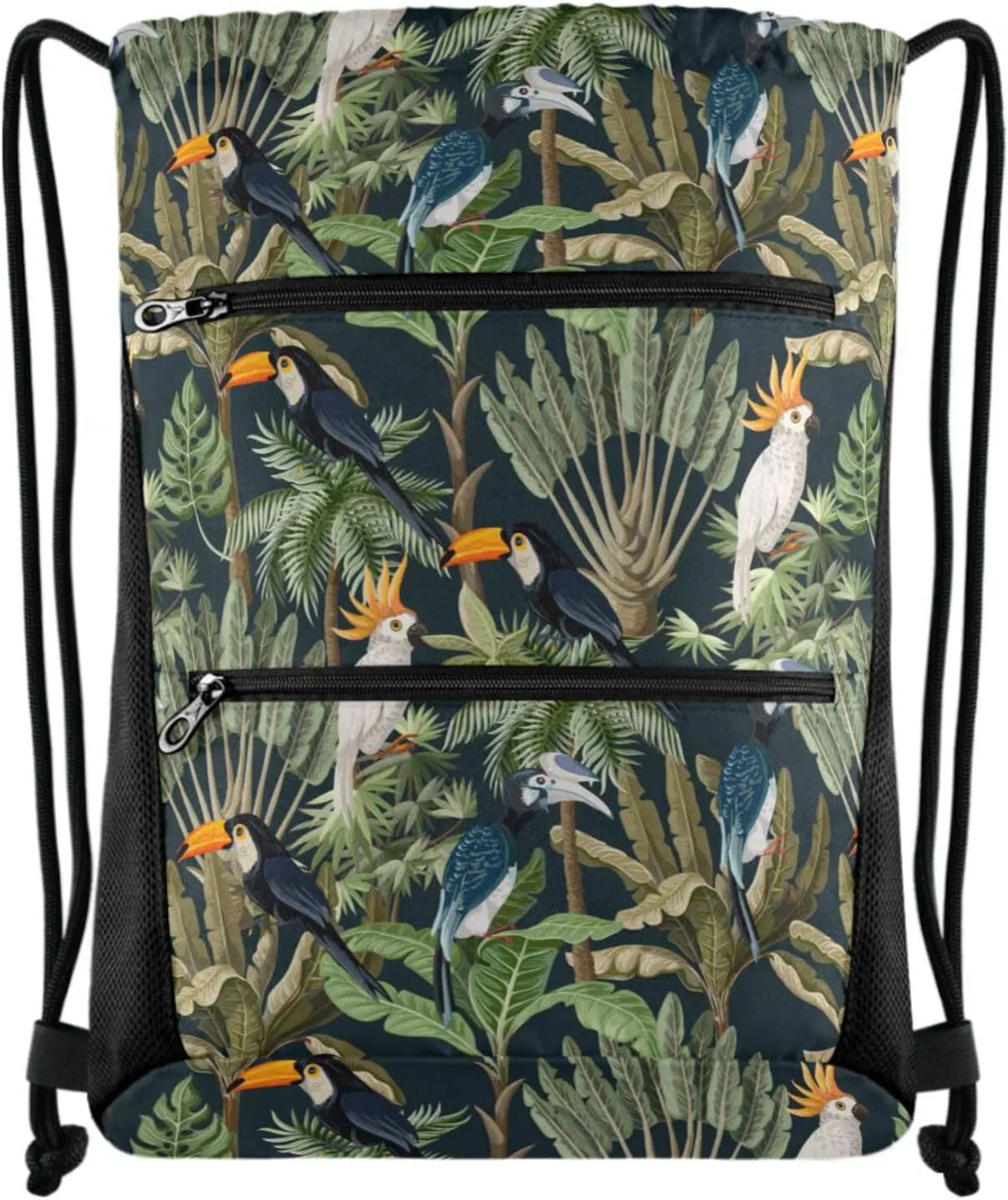 Nannle Large Drawstring Sackpack, Exotic Forest Trees Parrots Birds Sport String Bag with Pockets for Travel Gym Swimming Beach