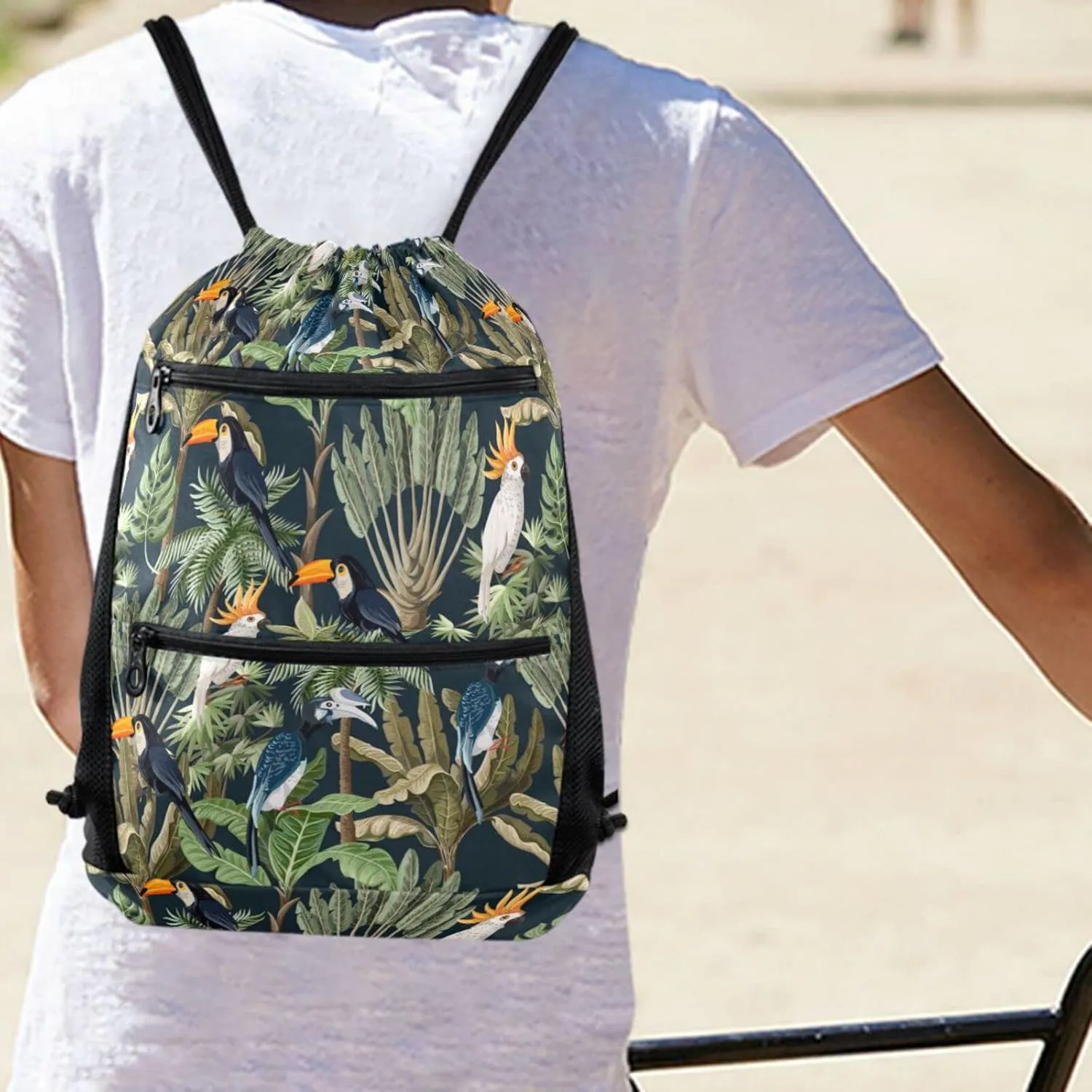 Nannle Large Drawstring Sackpack, Exotic Forest Trees Parrots Birds Sport String Bag with Pockets for Travel Gym Swimming Beach